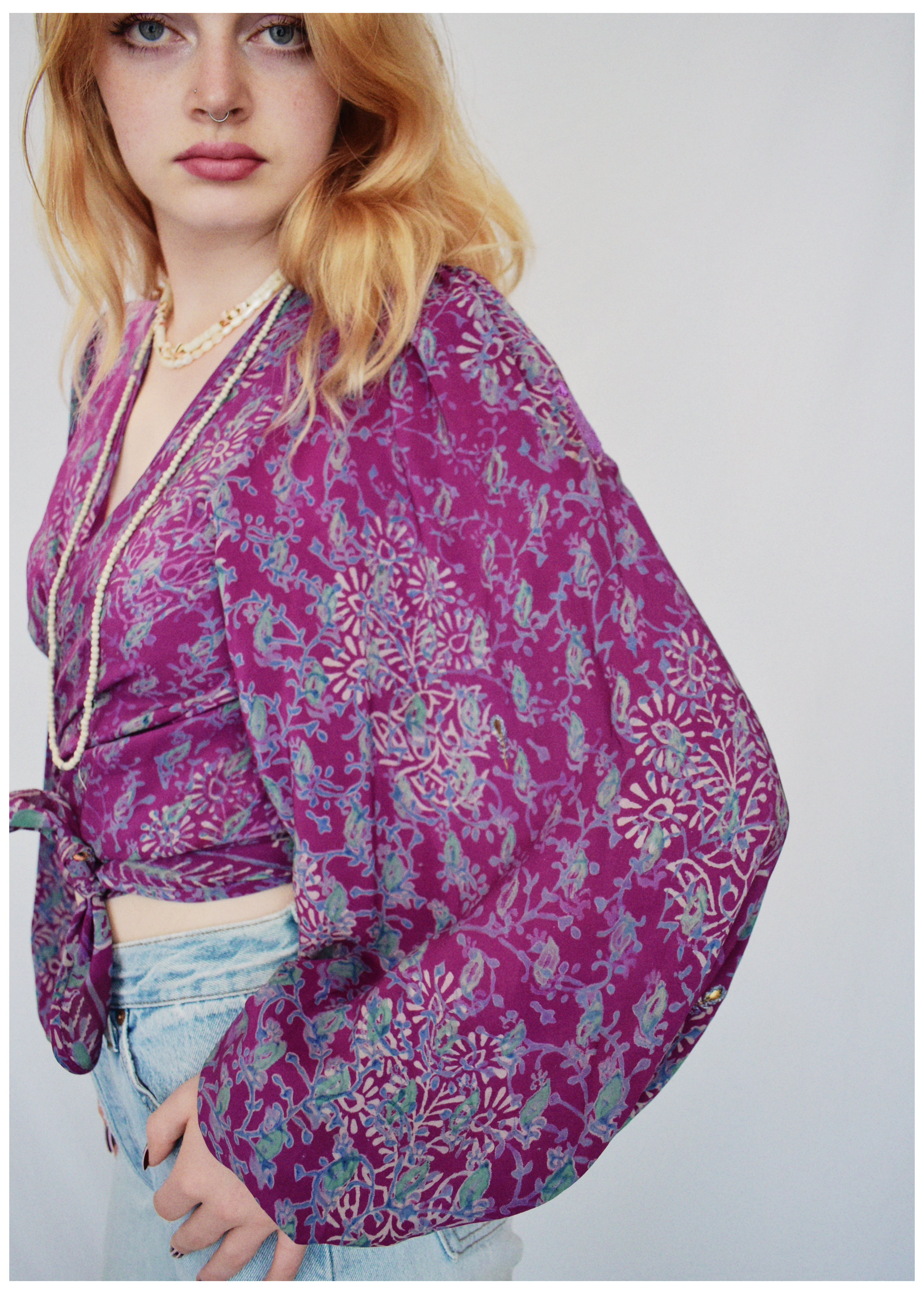 Hoya Silk Crepe Balloon Sleeve Wrap Top ~ Jubilee M