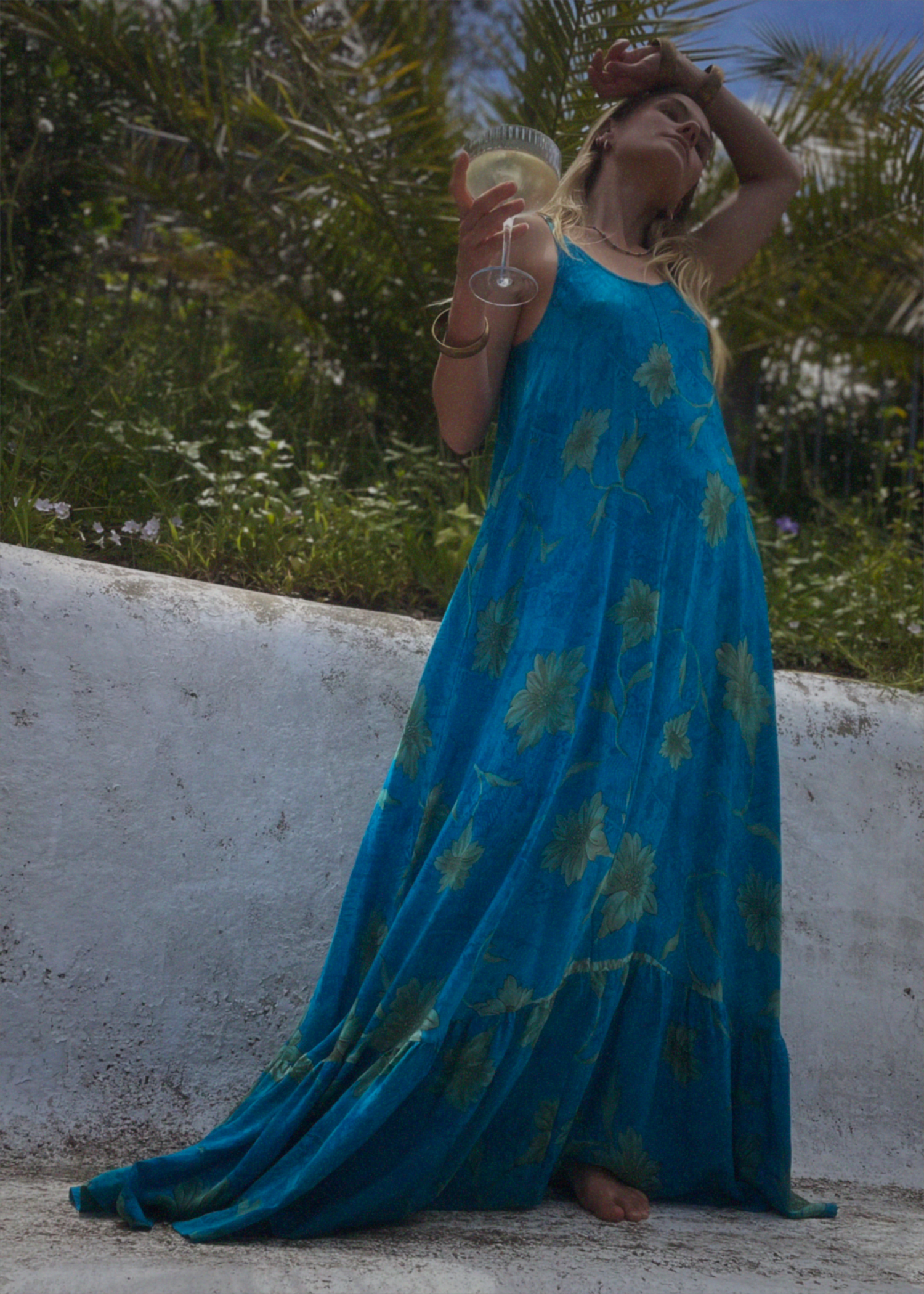 Eustoma Silk Crepe Swing Maxi Dress ~  Jewel S