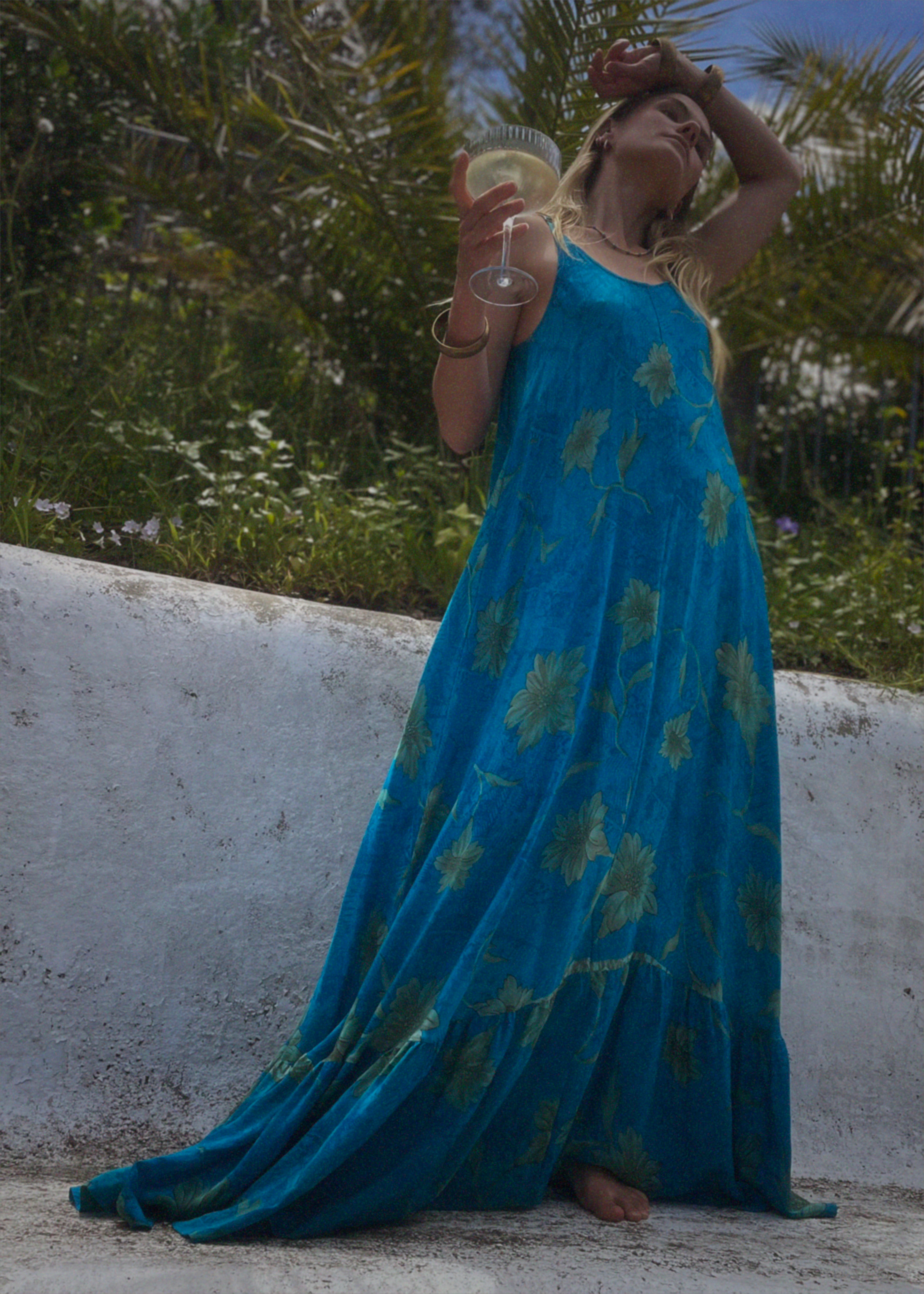 Eustoma Silk Crepe Swing Maxi Dress ~  Jewel S