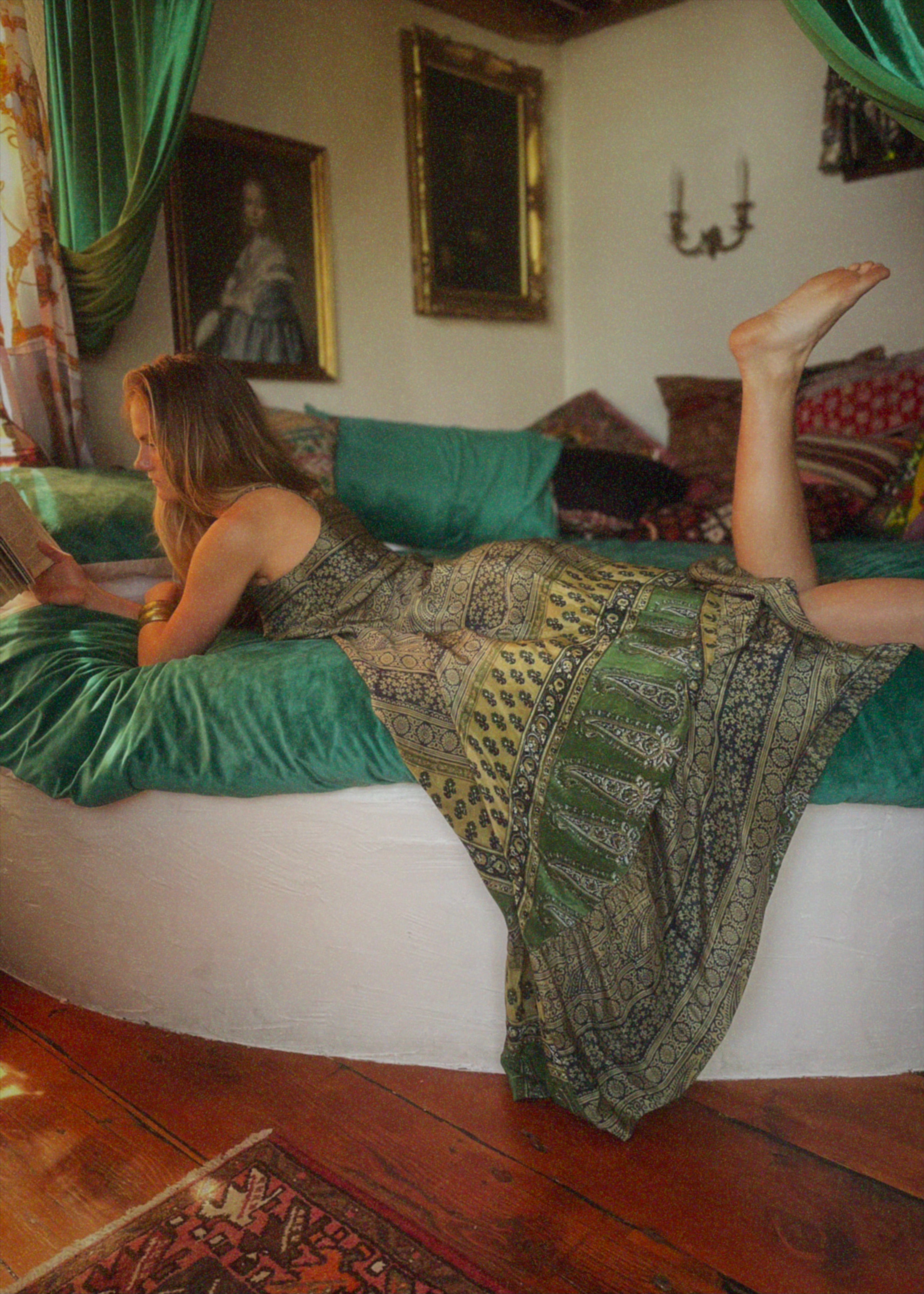 Eustoma Silk Crepe Swing Maxi Dress ~ Aventurine XS