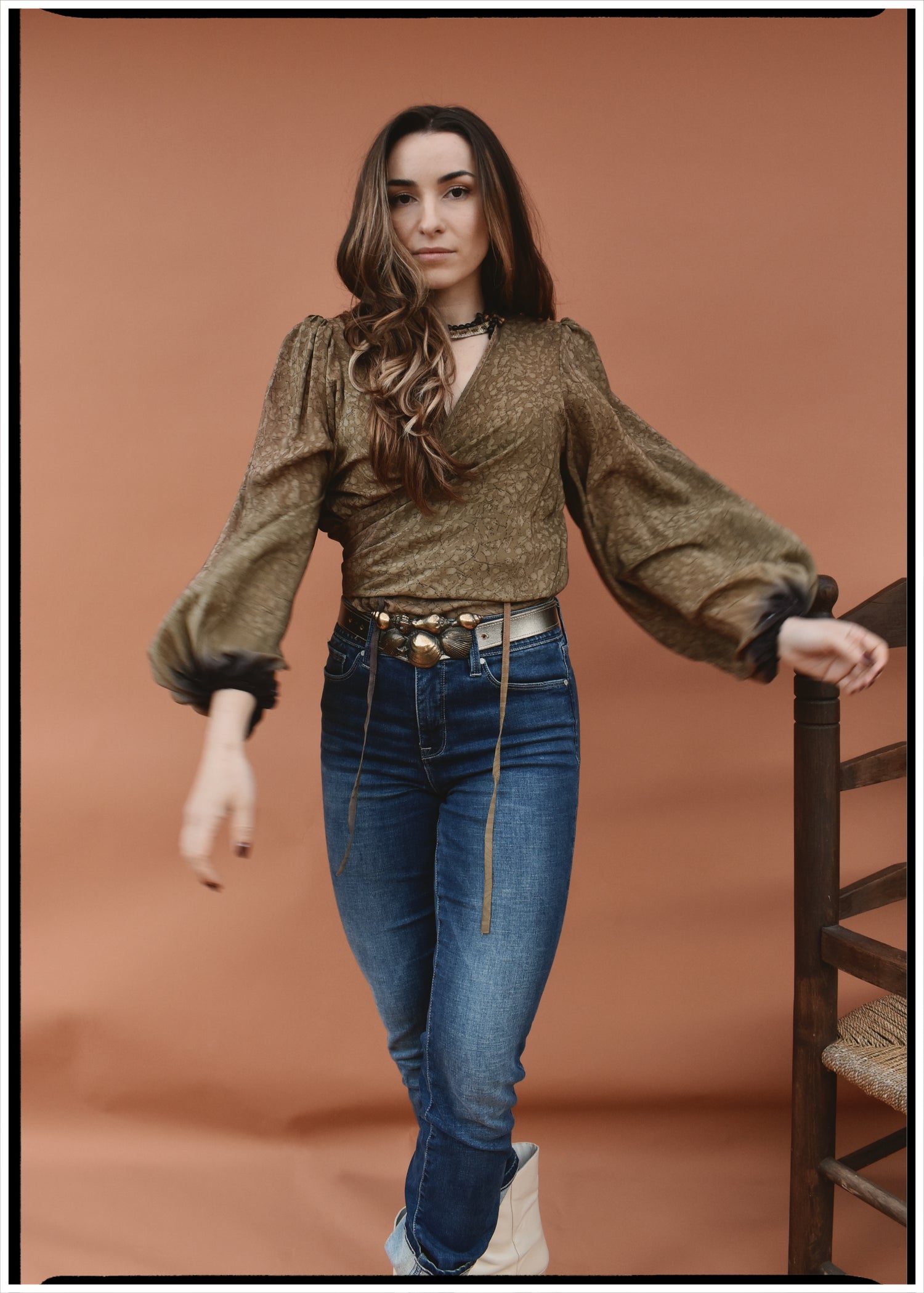 Hoya Silk Crepe Balloon Sleeve Wrap Top ~ Lava L