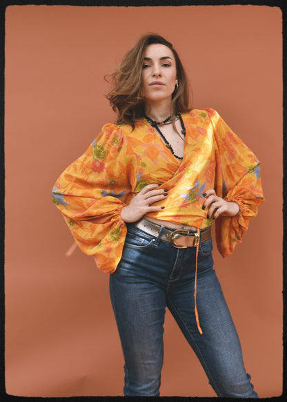 Hoya Silk Crepe Balloon Sleeve Wrap Top ~ Saffron XL