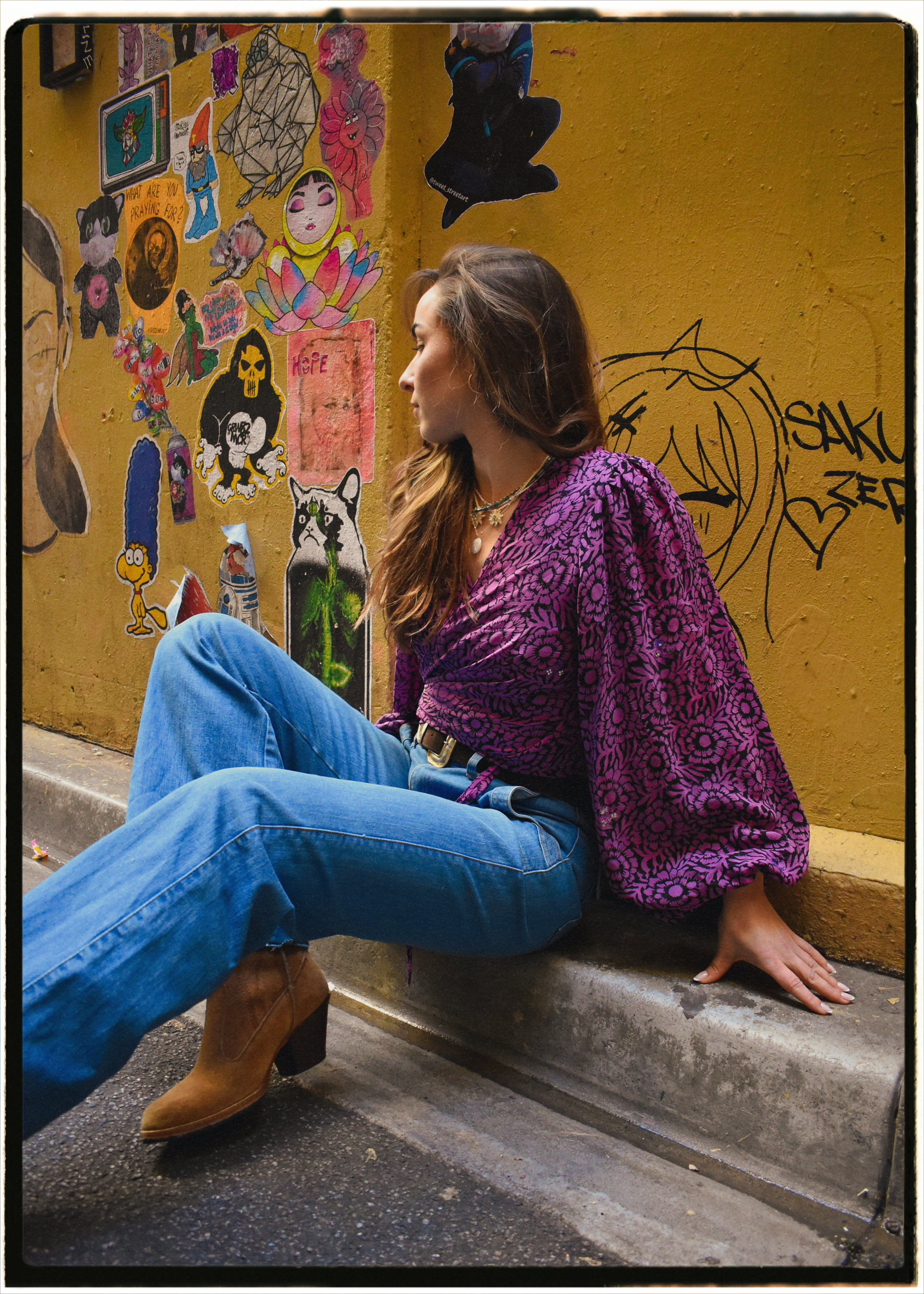 Hoya Silk Crepe Balloon Sleeve Wrap Top ~ Dahlia M