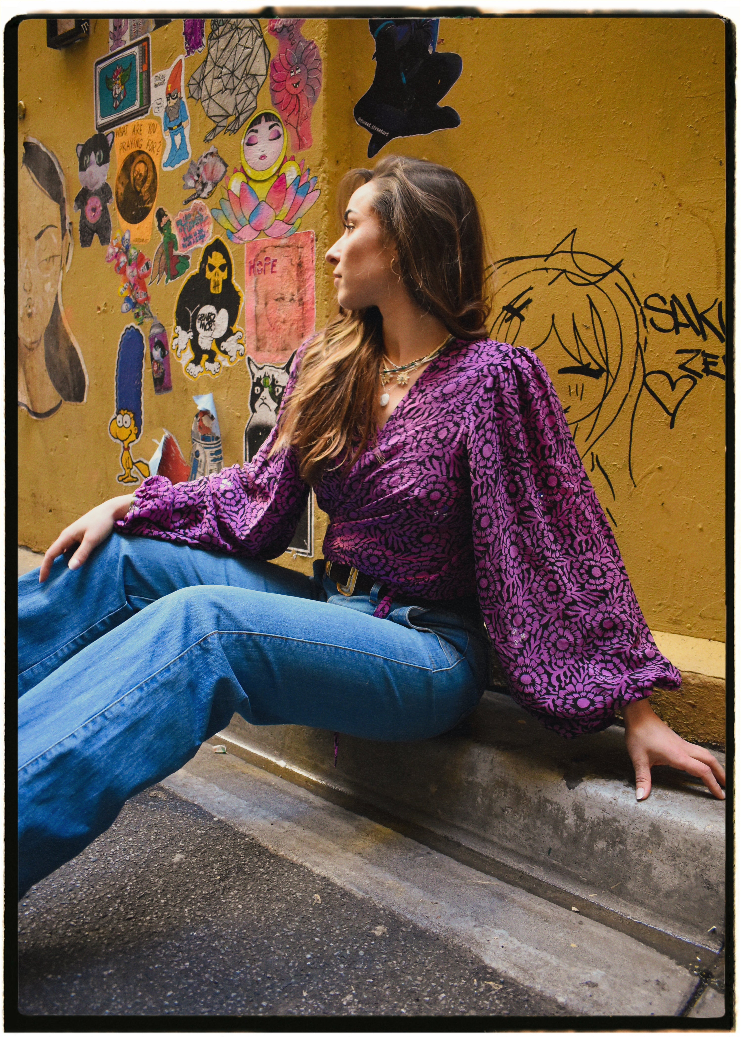 Hoya Silk Crepe Balloon Sleeve Wrap Top ~ Dahlia M