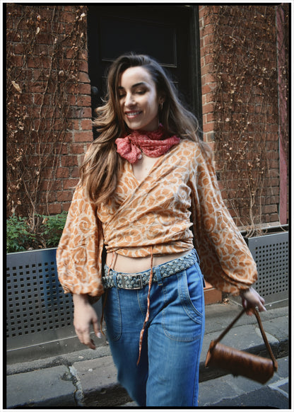 Hoya Silk Crepe Balloon Sleeve Wrap Top ~ Savannah S