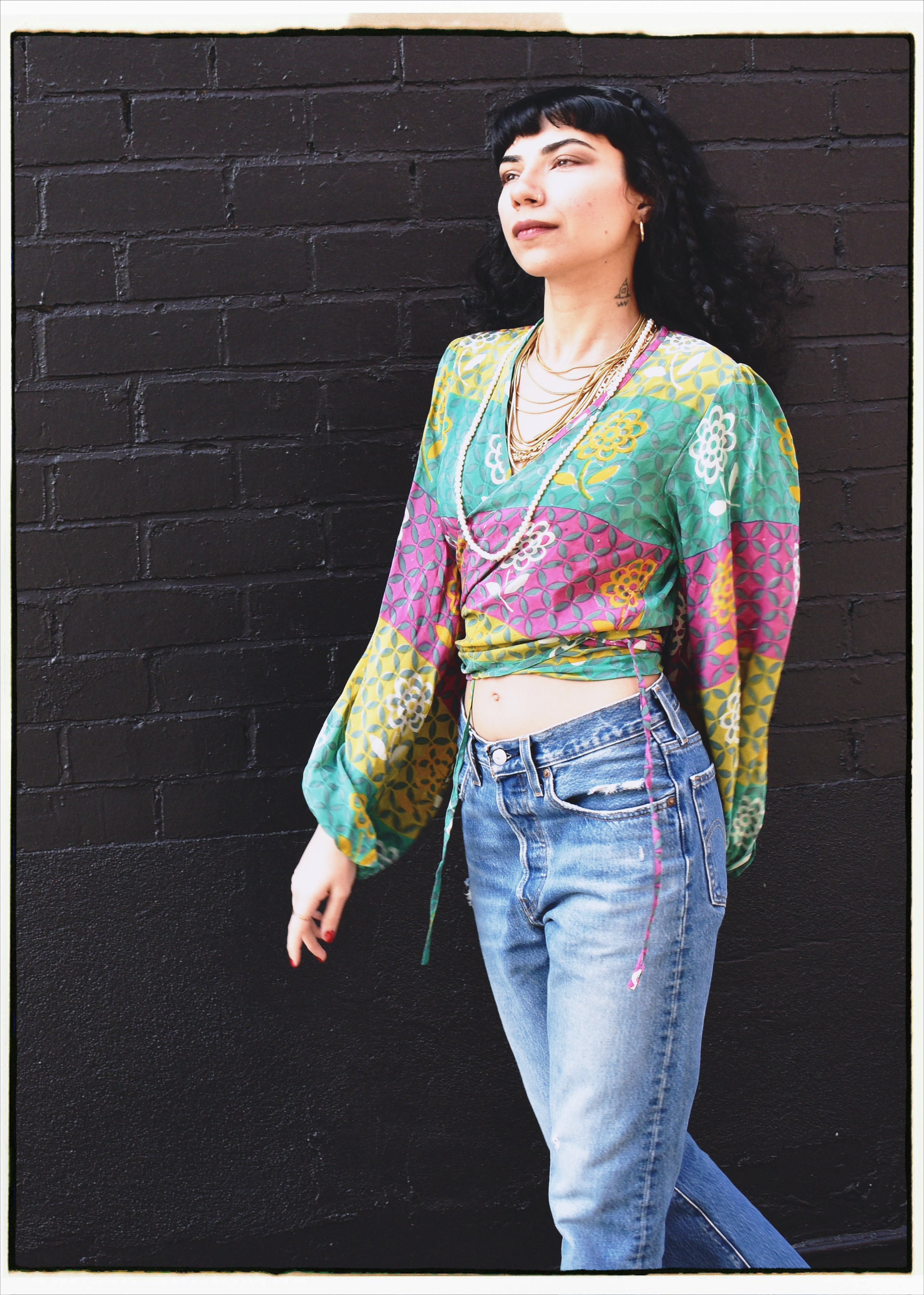 Hoya Silk Crepe Balloon Sleeve Wrap Top ~ Candy XS