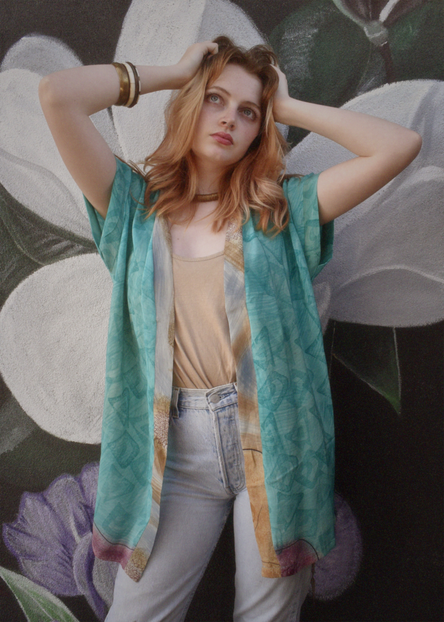 Pilea Silk Crepe Wrap Kimono Top ~ Cyan L/XL