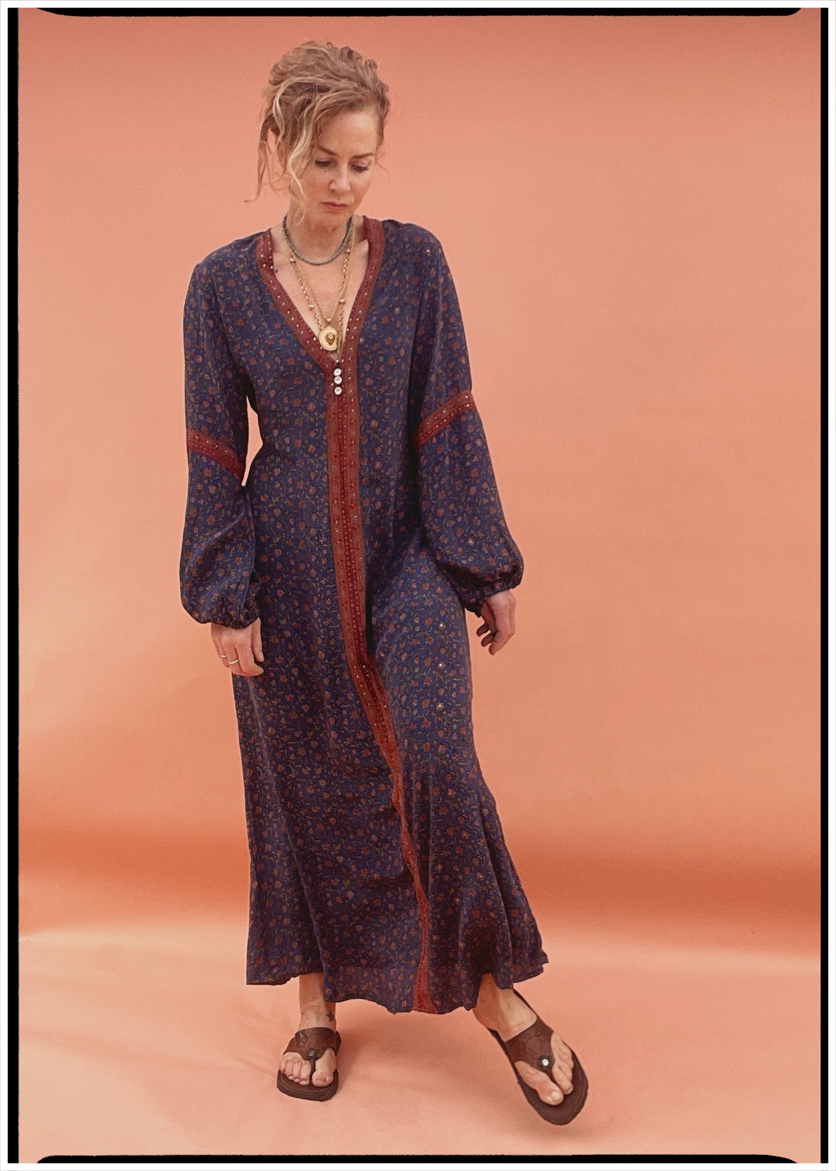 Zea Silk Crepe Kaftan Maxi Dress ~ Astral L
