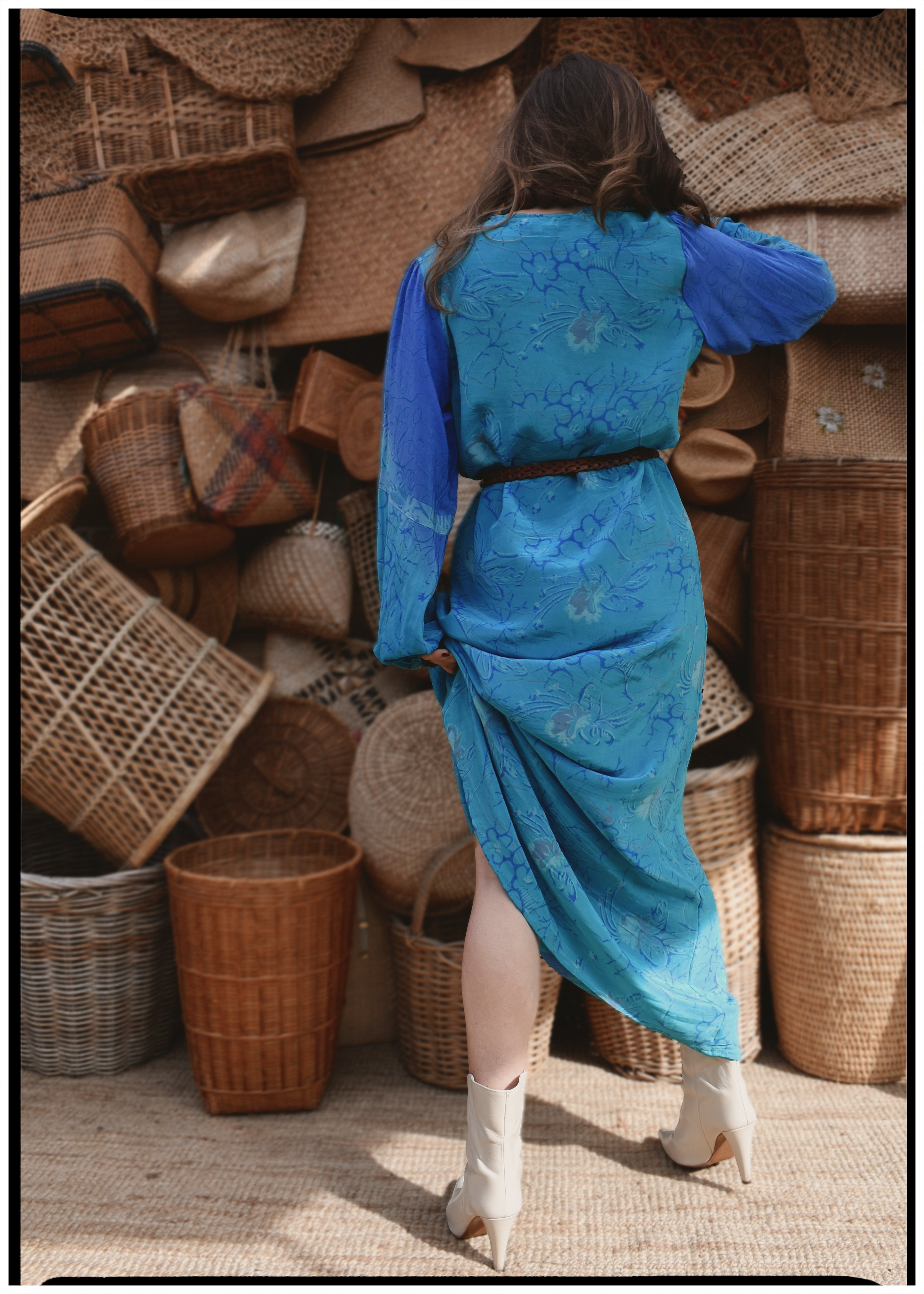 Zea Silk Crepe Kaftan Maxi Dress ~  Aquarius L