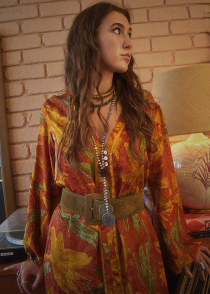 Zea Silk Crepe Kaftan Maxi Dress ~  Tangerine L