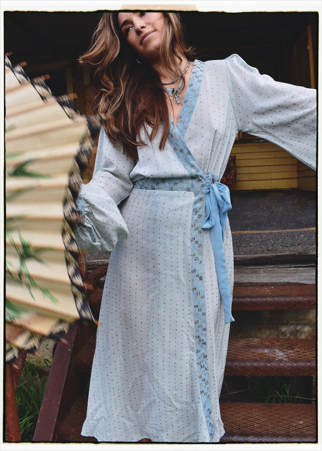 Caladium Wrap Silk Dress ~ Powder M