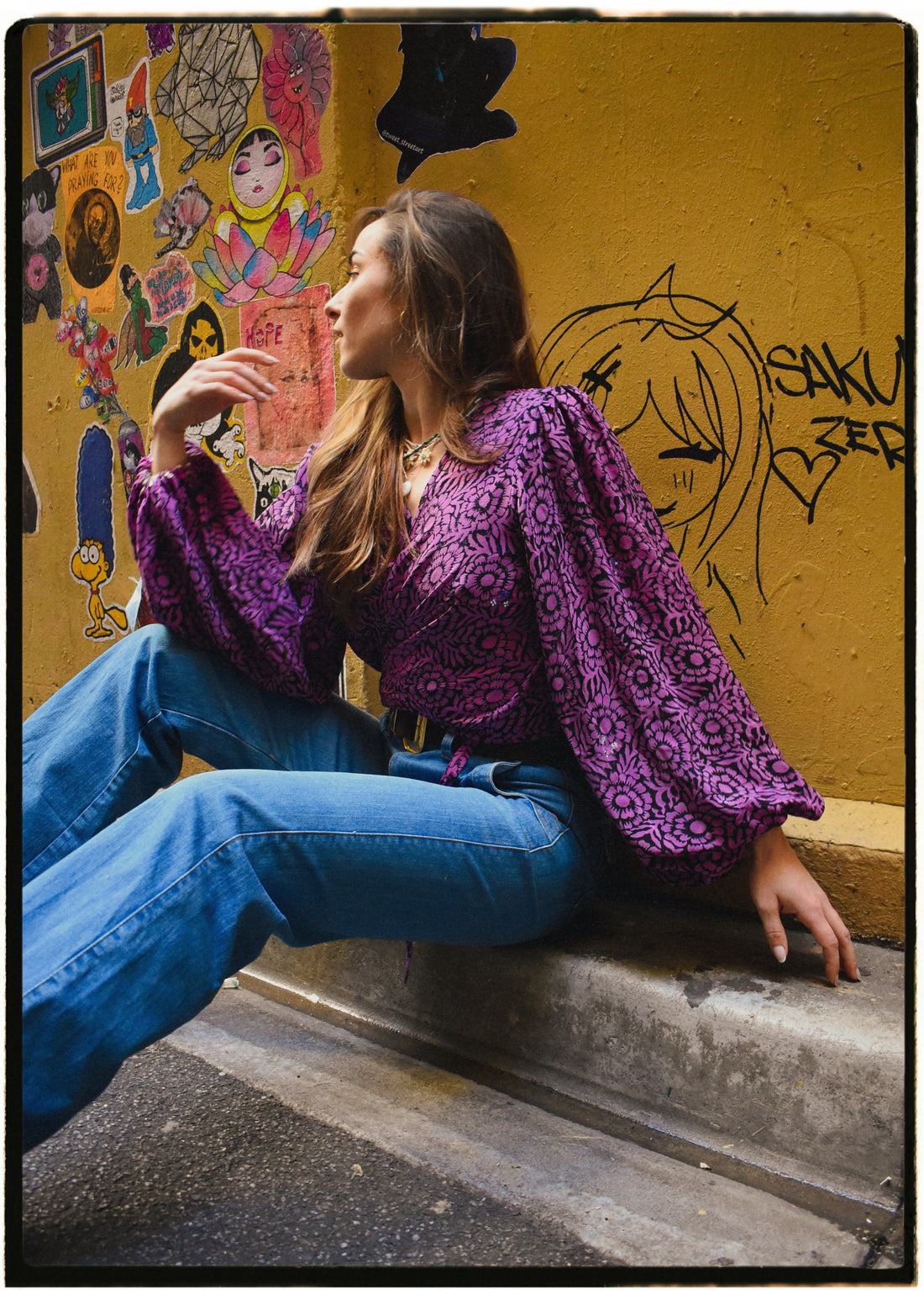Hoya Silk Crepe Balloon Sleeve Wrap Top ~ Dahlia M