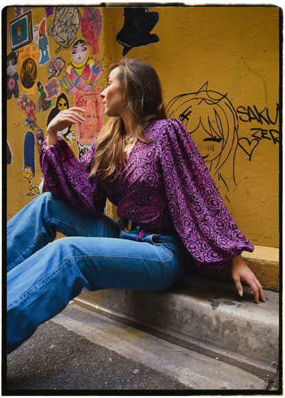 Hoya Silk Crepe Balloon Sleeve Wrap Top ~ Dahlia M