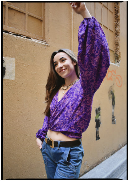 Hoya Silk Crepe Balloon Sleeve Wrap Top ~ Kesey M