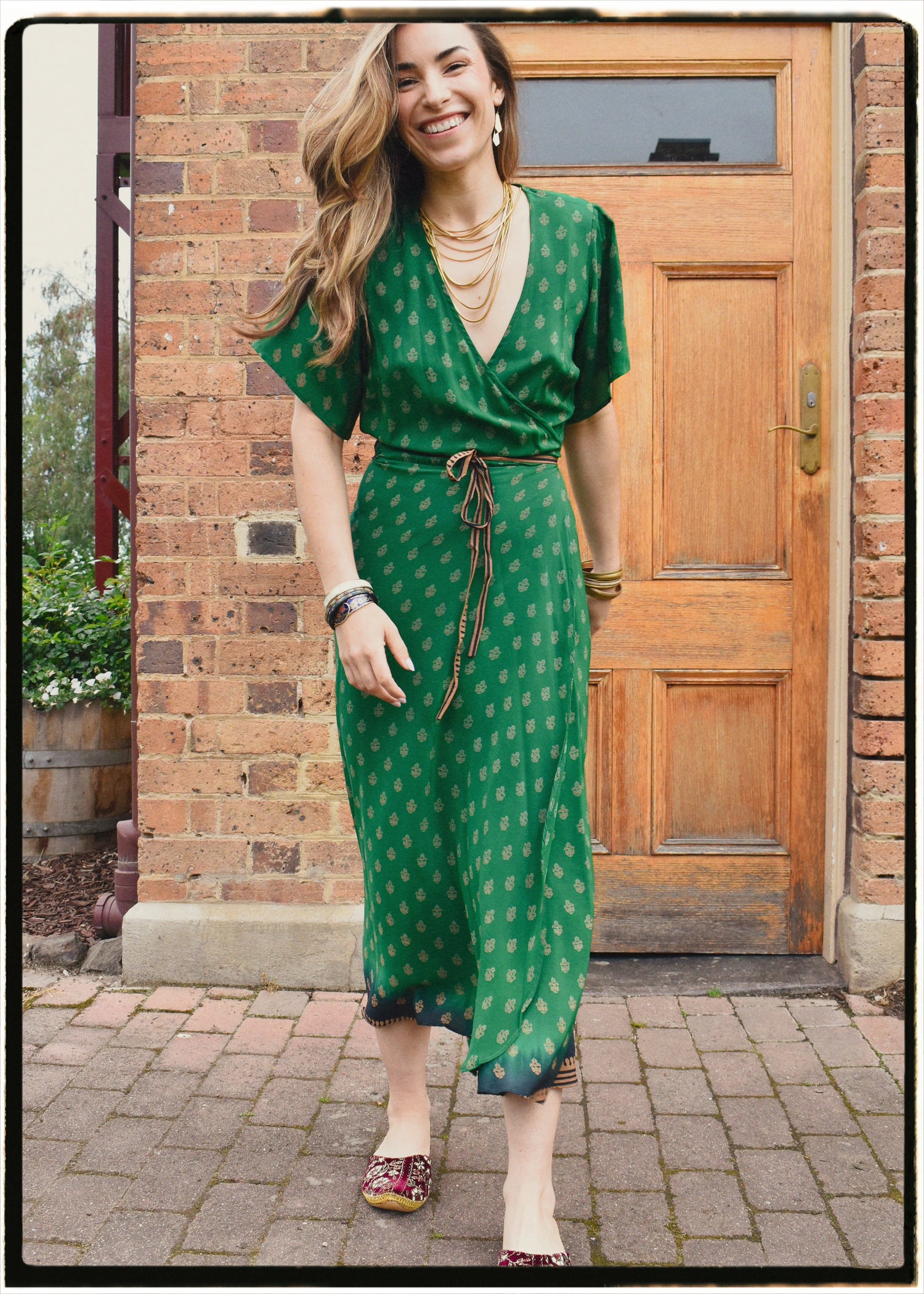 Liatris Silk Crepe Flutter Sleeve Wrap Dress ~ Emerald L