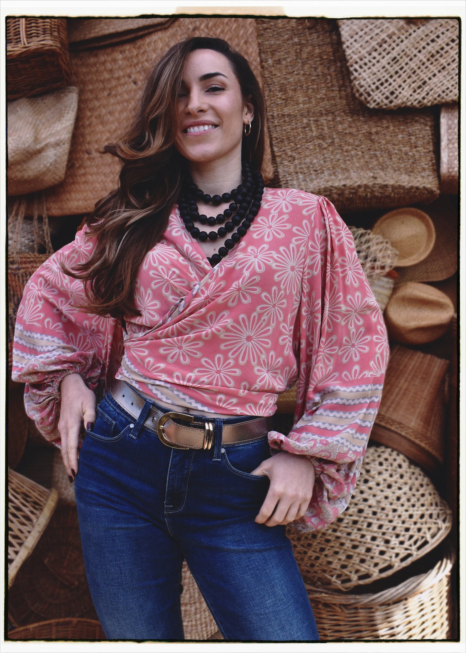 Hoya Silk Crepe Balloon Sleeve Wrap Top ~ Taos XL