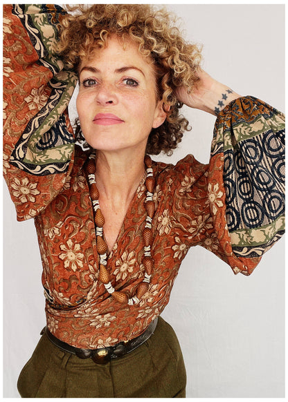 Hoya Silk Crepe Balloon Sleeve Wrap Top ~ Umber S