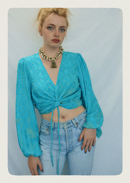 Hoya Silk Crepe Balloon Sleeve Wrap Top ~ Porcelain S