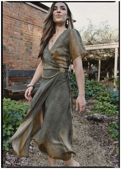 Liatris Silk Crepe Flutter Sleeve Wrap Dress ~ Fern XS