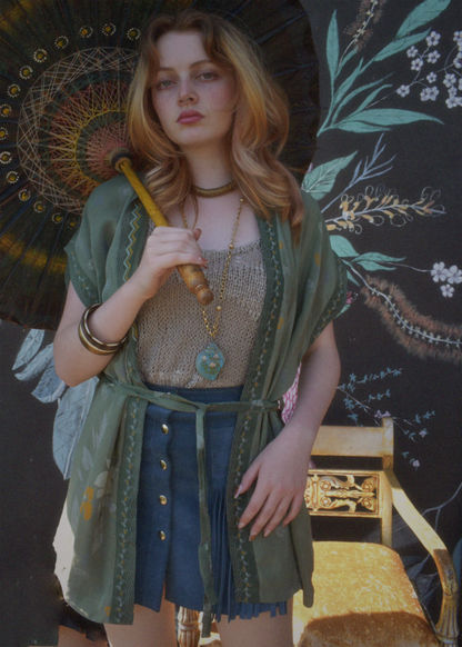 Pilea Silk Crepe Wrap Kimono Top ~ Irish Moss S/M