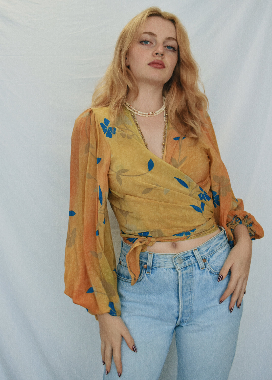 Hoya Silk Crepe Balloon Sleeve Wrap Top ~ Topaz M