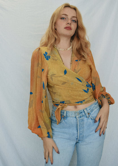 Hoya Silk Crepe Balloon Sleeve Wrap Top ~ Topaz M