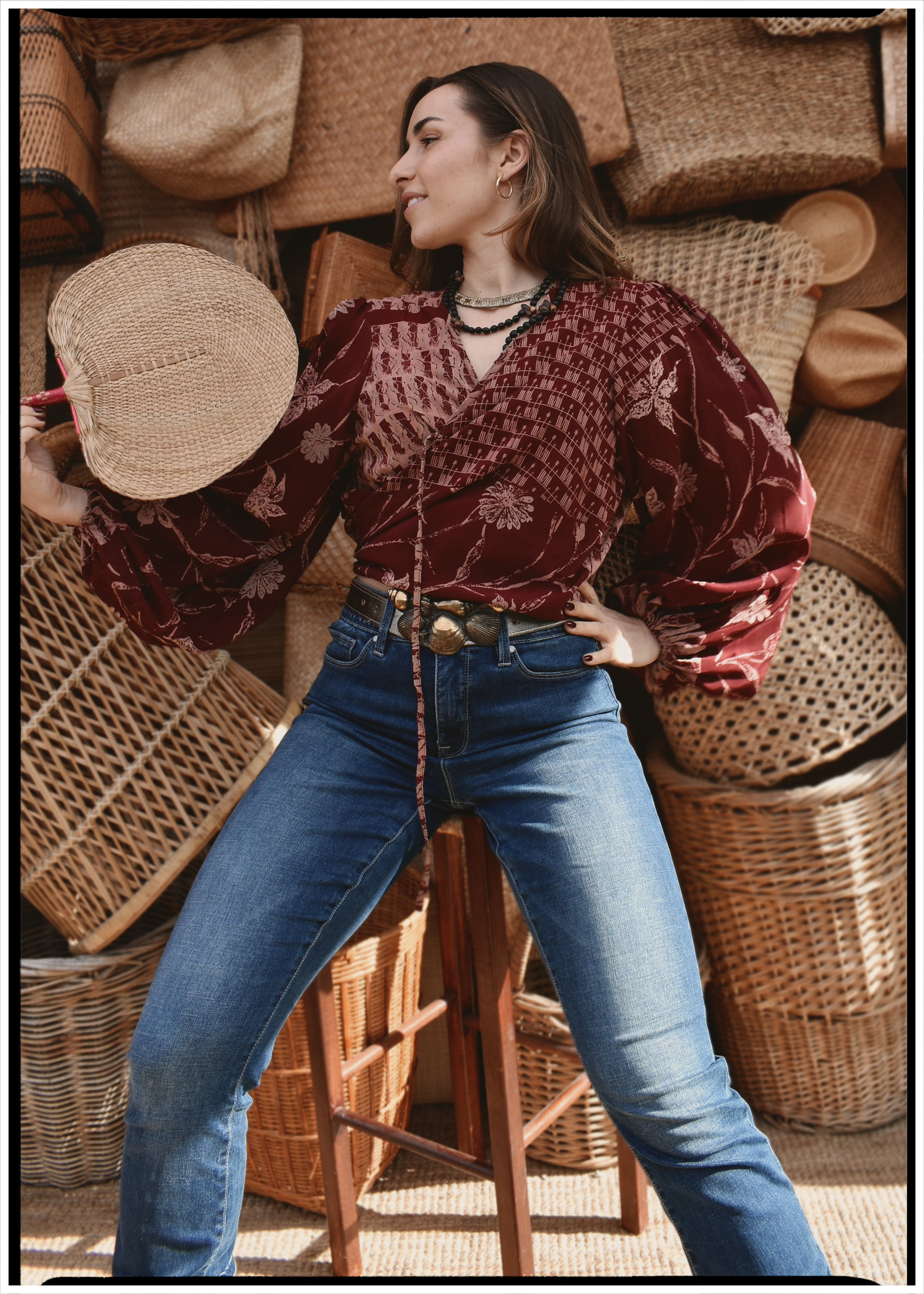 Hoya Silk Crepe Balloon Sleeve Wrap Top ~ Burgundy XL
