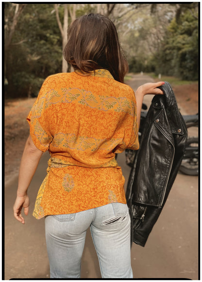 Bassia Silk Crepe Cross Tie Front Blouse ~ Marigold XL