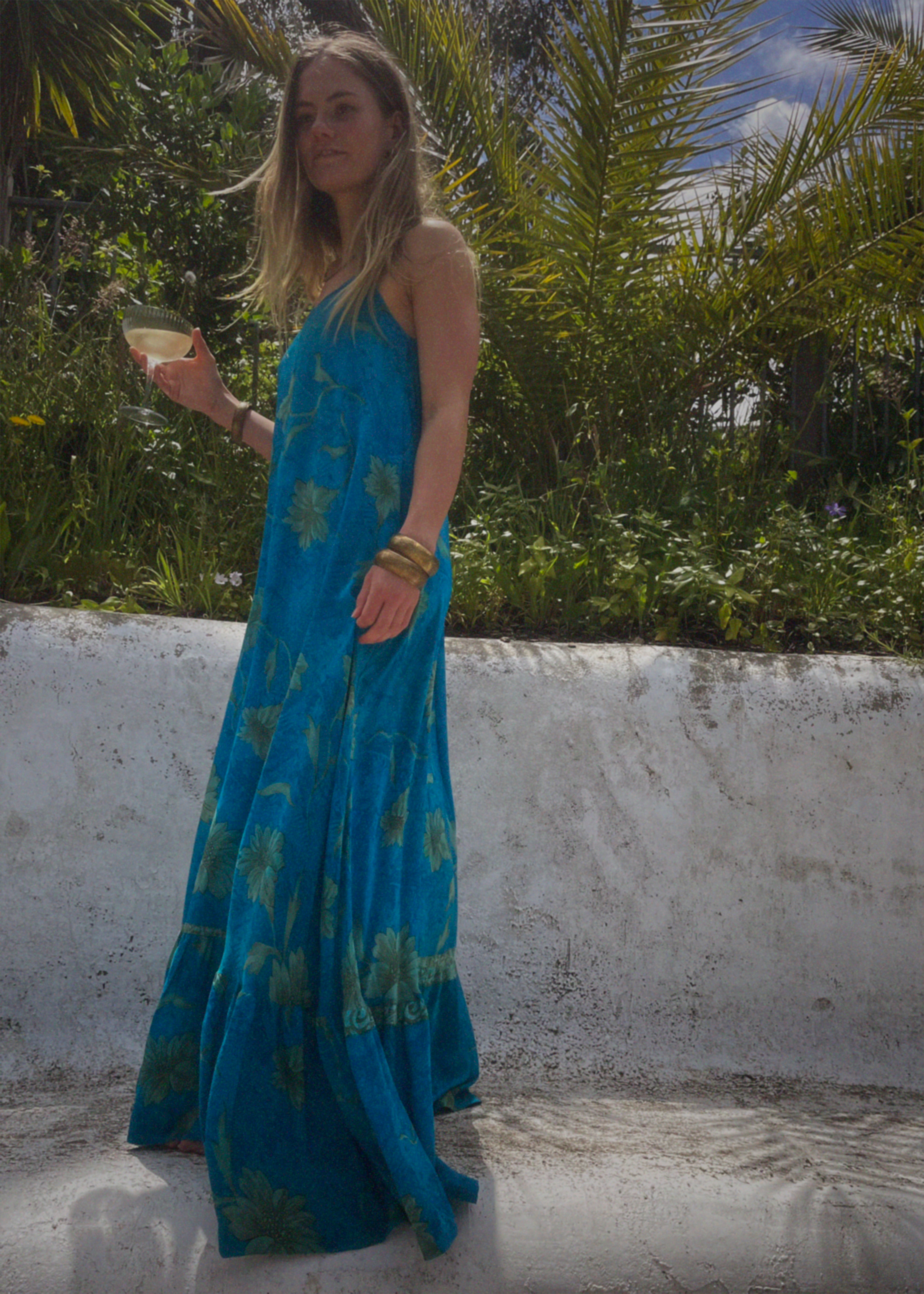 Eustoma Silk Crepe Swing Maxi Dress ~  Jewel S