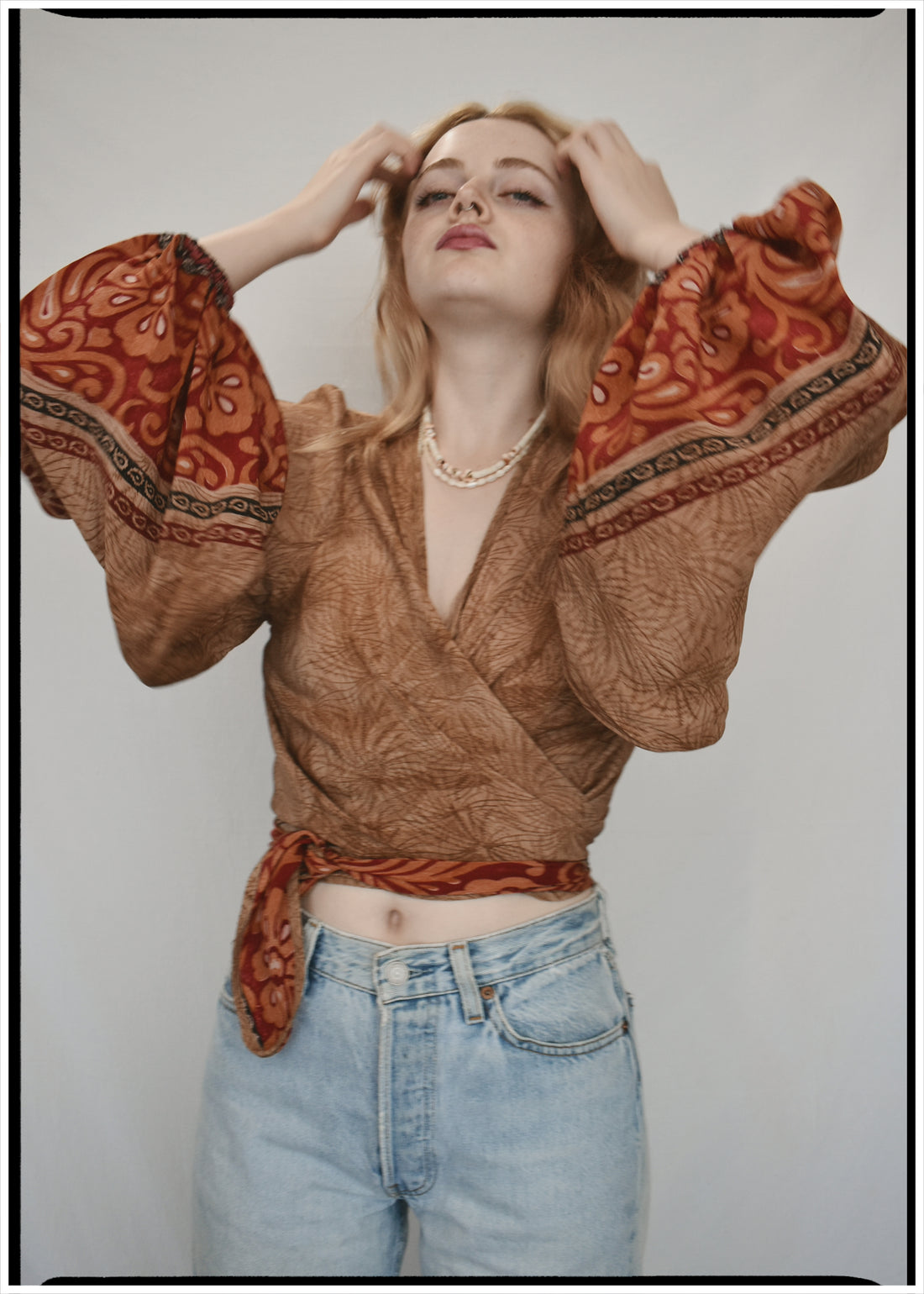 Hoya Silk Crepe Balloon Sleeve Wrap Top ~ Nougat L