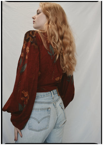 Hoya Silk Crepe Balloon Sleeve Wrap Top ~ Russet XL