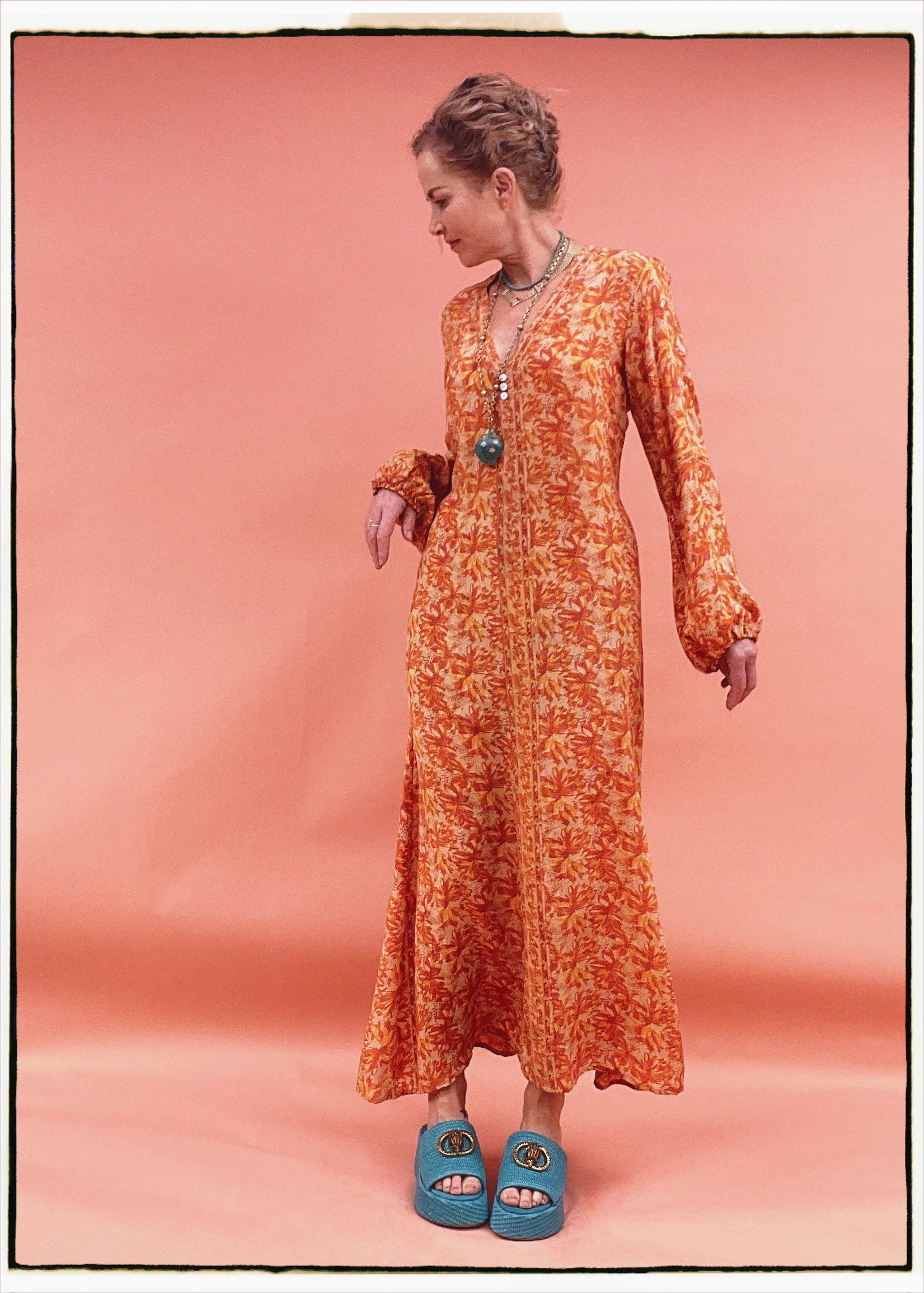 Zea Silk Crepe Kaftan Maxi Dress ~  Koi L