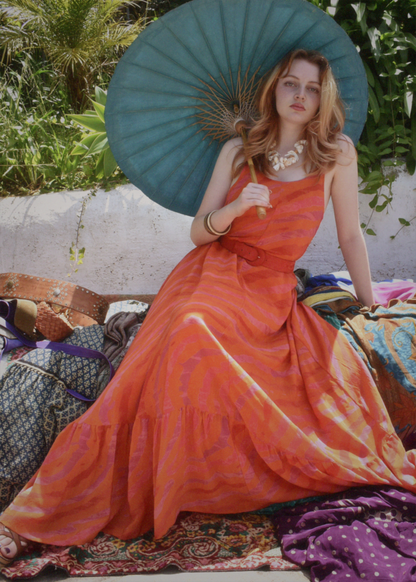 Eustoma Silk Crepe Swing Maxi Dress ~ Sunset M
