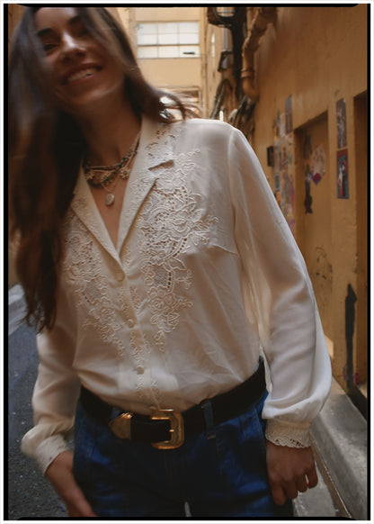 Tilia Silk Crepe Cut-Work Embroidered Shirt ~ Antique White