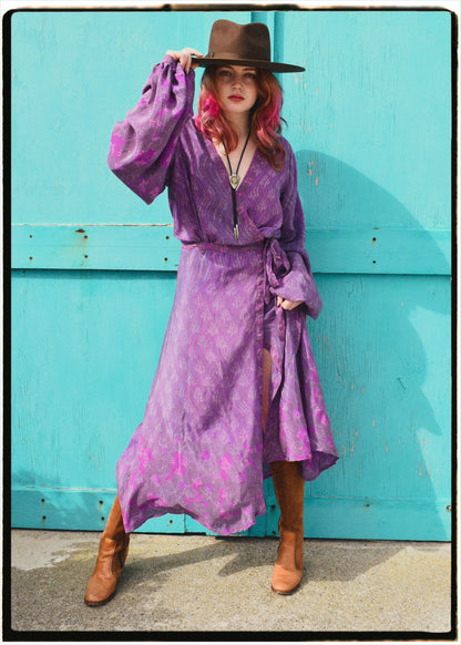 Caladium Wrap Silk Dress ~ Orchid L