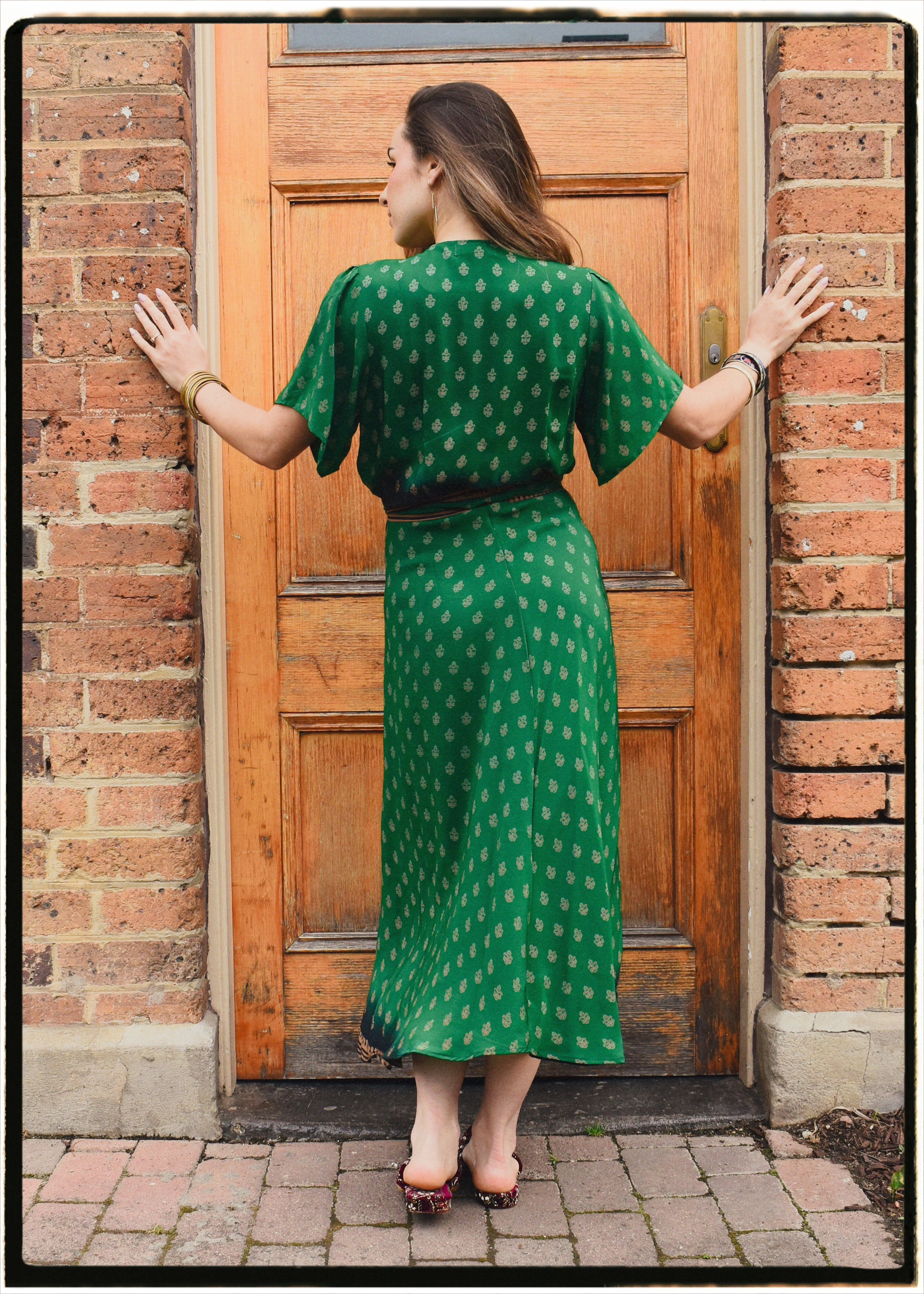 Liatris Silk Crepe Flutter Sleeve Wrap Dress ~ Emerald L