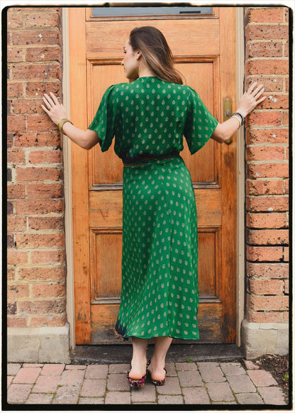 Liatris Silk Crepe Flutter Sleeve Wrap Dress ~ Emerald L