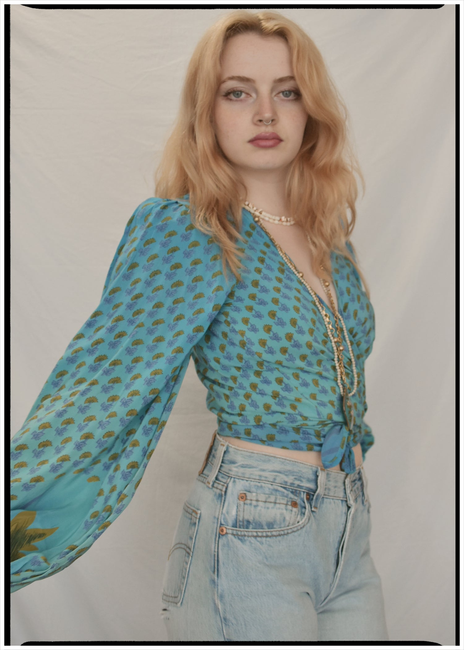 Hoya Silk Crepe Balloon Sleeve Wrap Top ~ Saxony XS