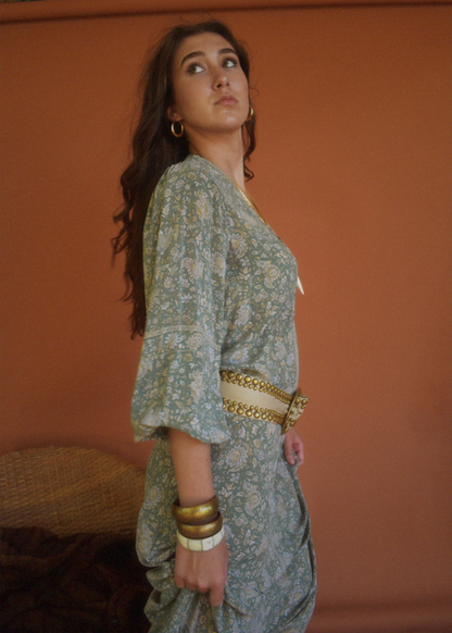 Zea Silk Crepe Kaftan Maxi Dress ~  Sea Mist M