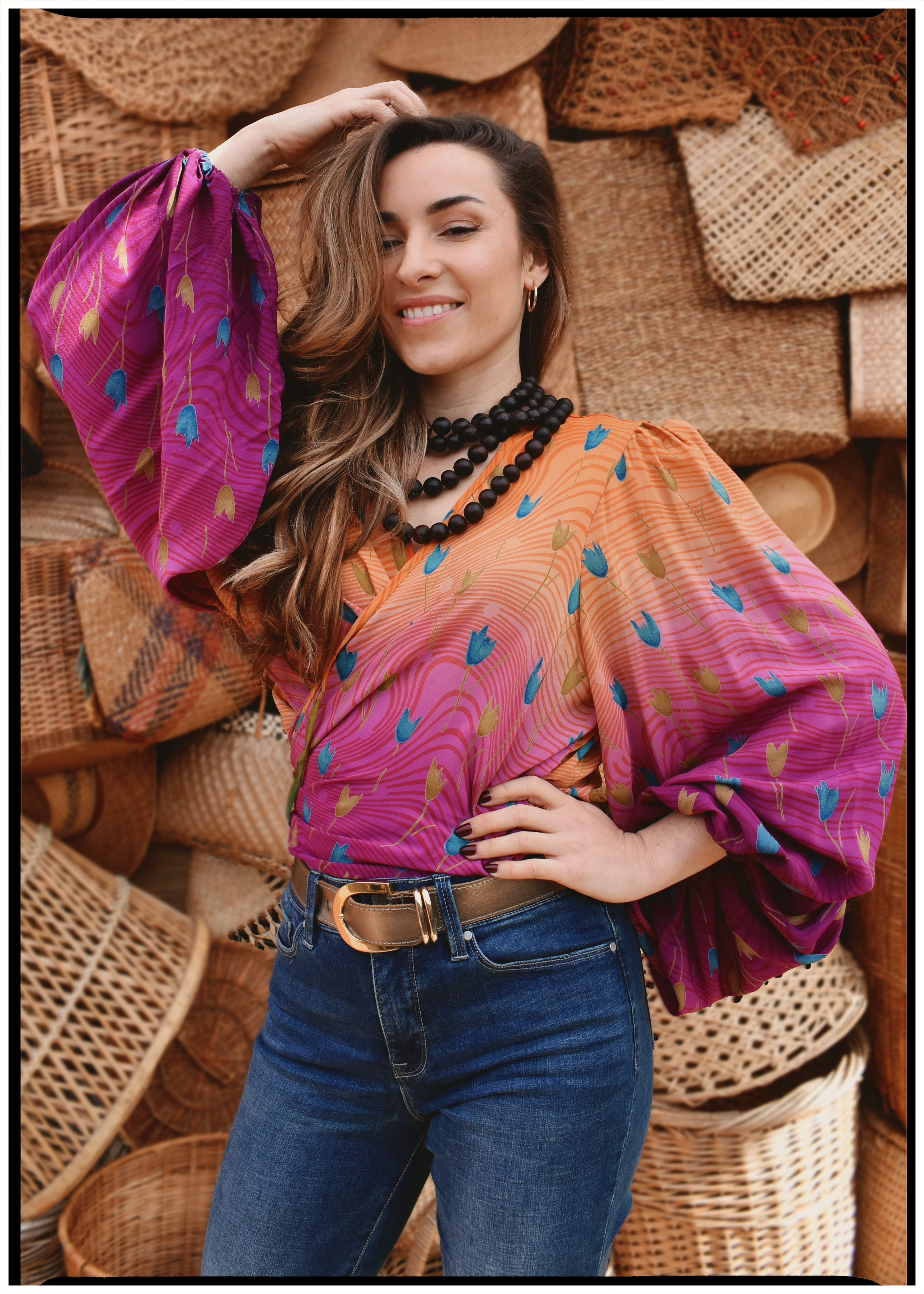 Hoya Silk Crepe Balloon Sleeve Wrap Top ~ Tequila Sunrise XL
