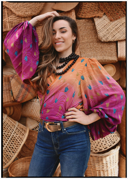 Hoya Silk Crepe Balloon Sleeve Wrap Top ~ Tequila Sunrise XL