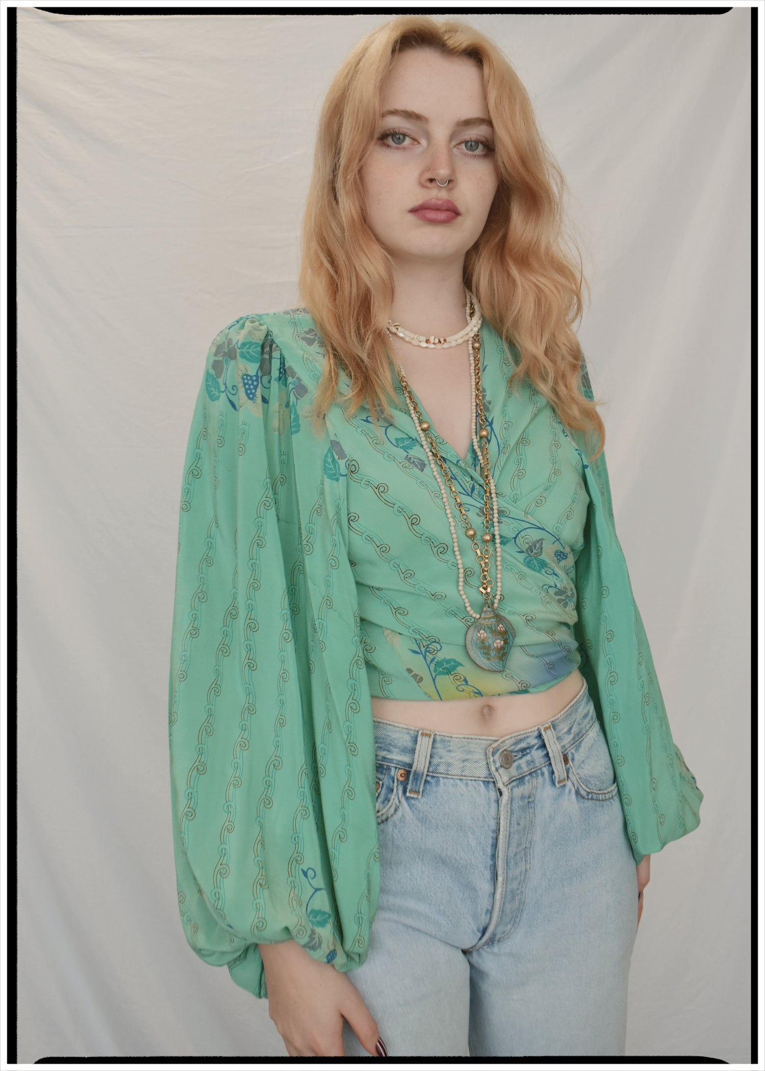 Hoya Silk Crepe Balloon Sleeve Wrap Top ~ Oceania XL