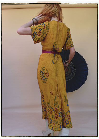 Liatris Silk Crepe Flutter Sleeve Wrap Dress ~ Marigold S