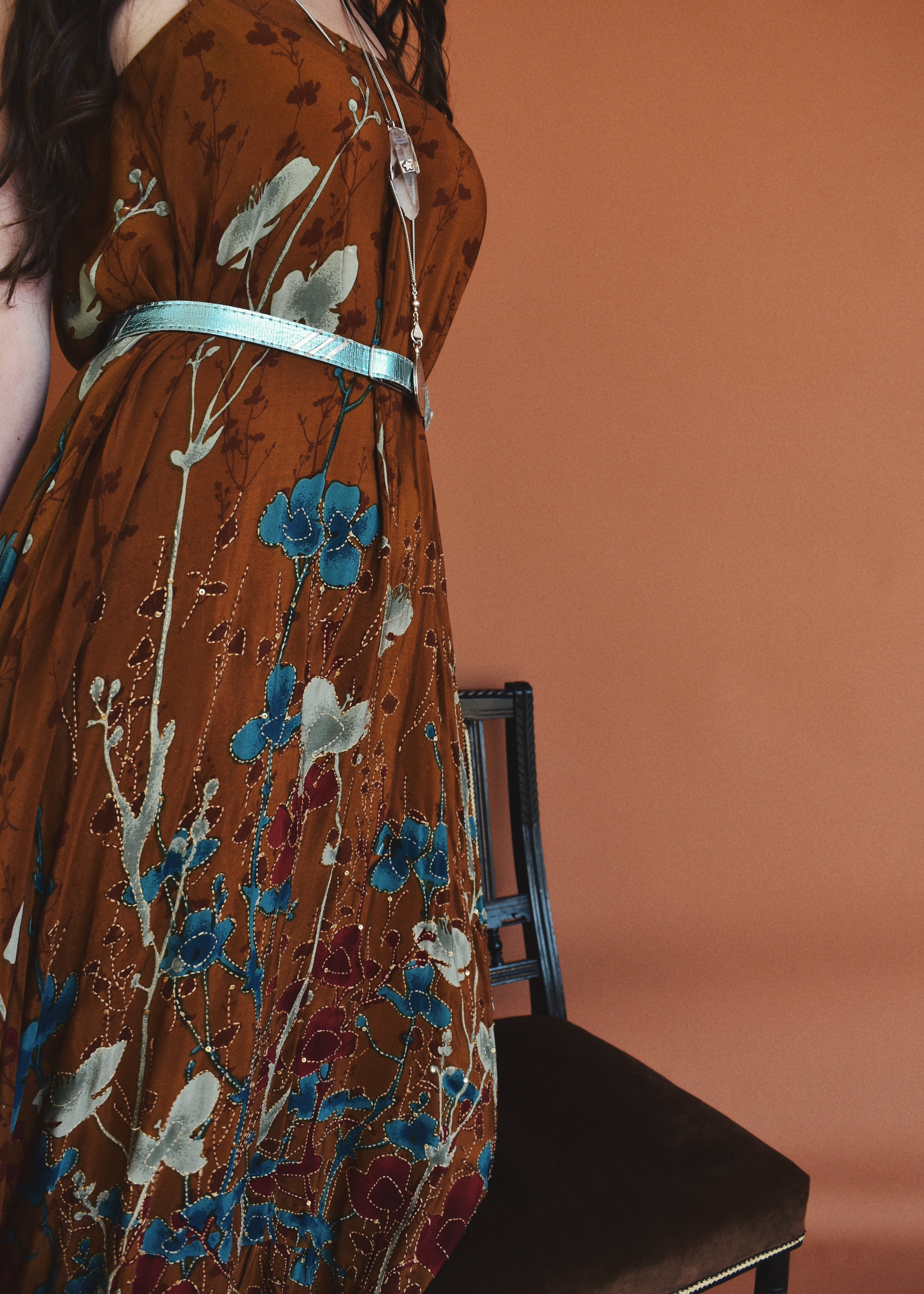 Eustoma Silk Crepe Swing Maxi Dress ~ Ginger L