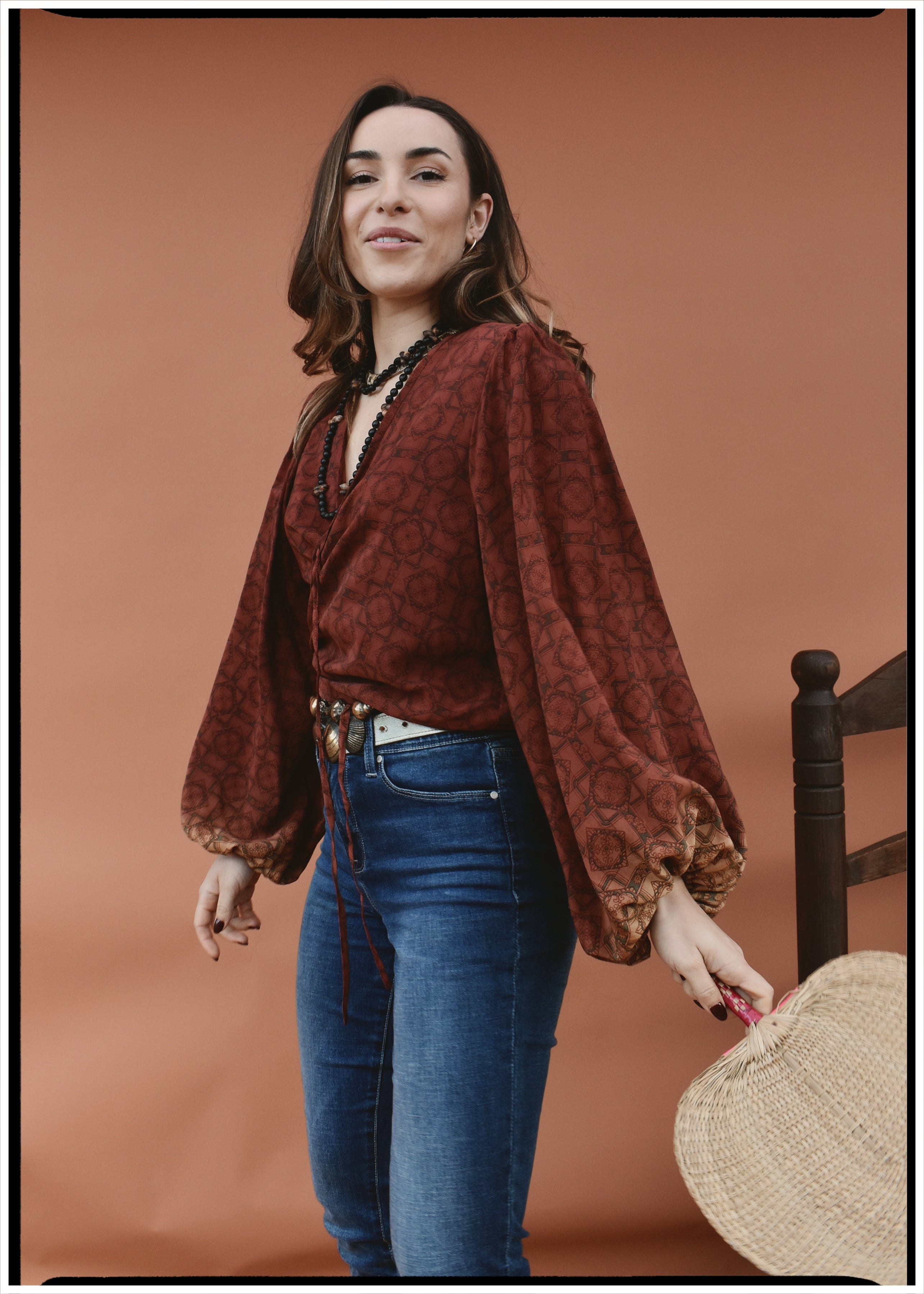 Hoya Silk Crepe Balloon Sleeve Wrap Top ~ Sequoia L
