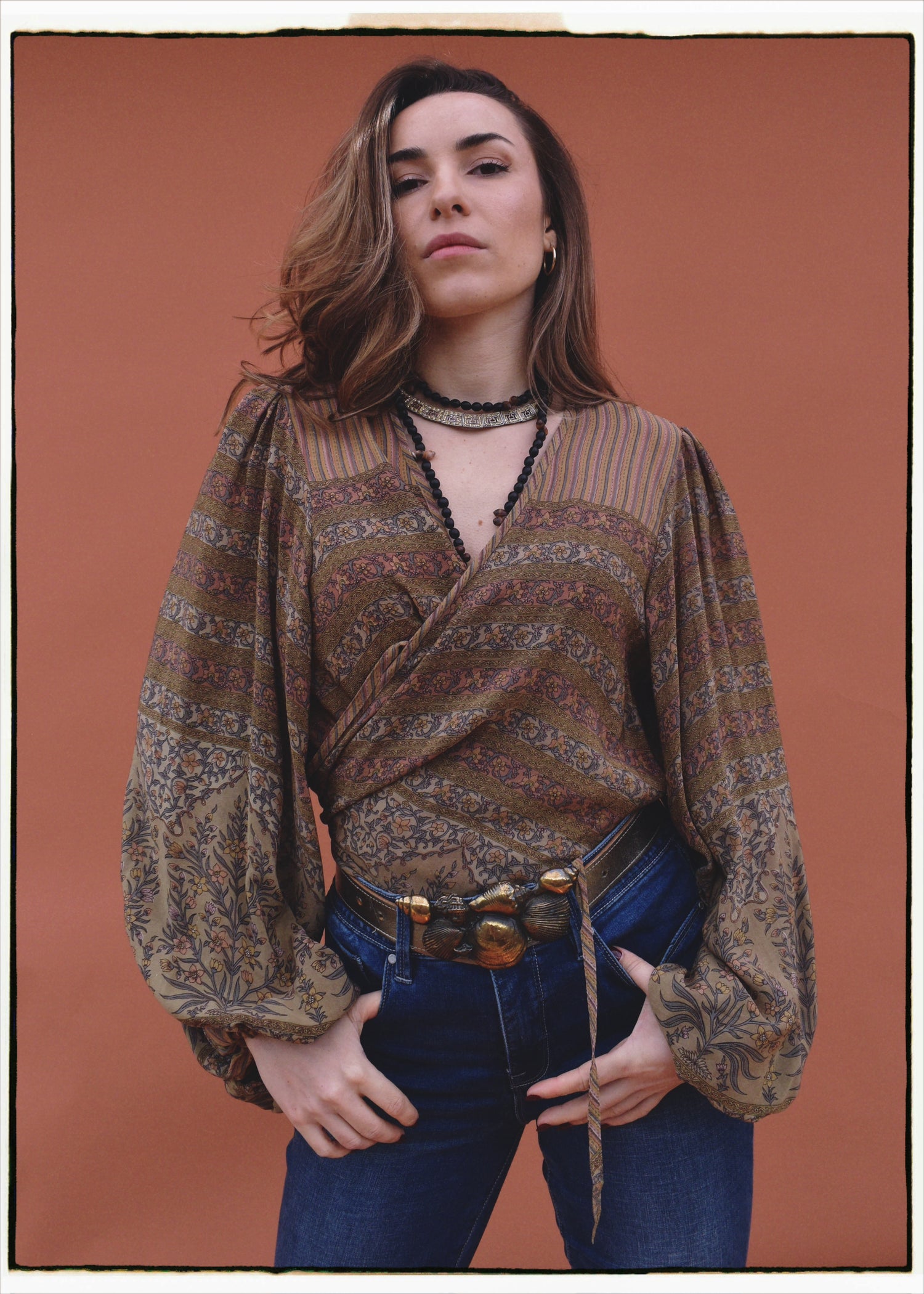 Hoya Silk Crepe Balloon Sleeve Wrap Top ~ Boa L