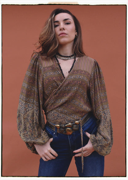 Hoya Silk Crepe Balloon Sleeve Wrap Top ~ Boa L