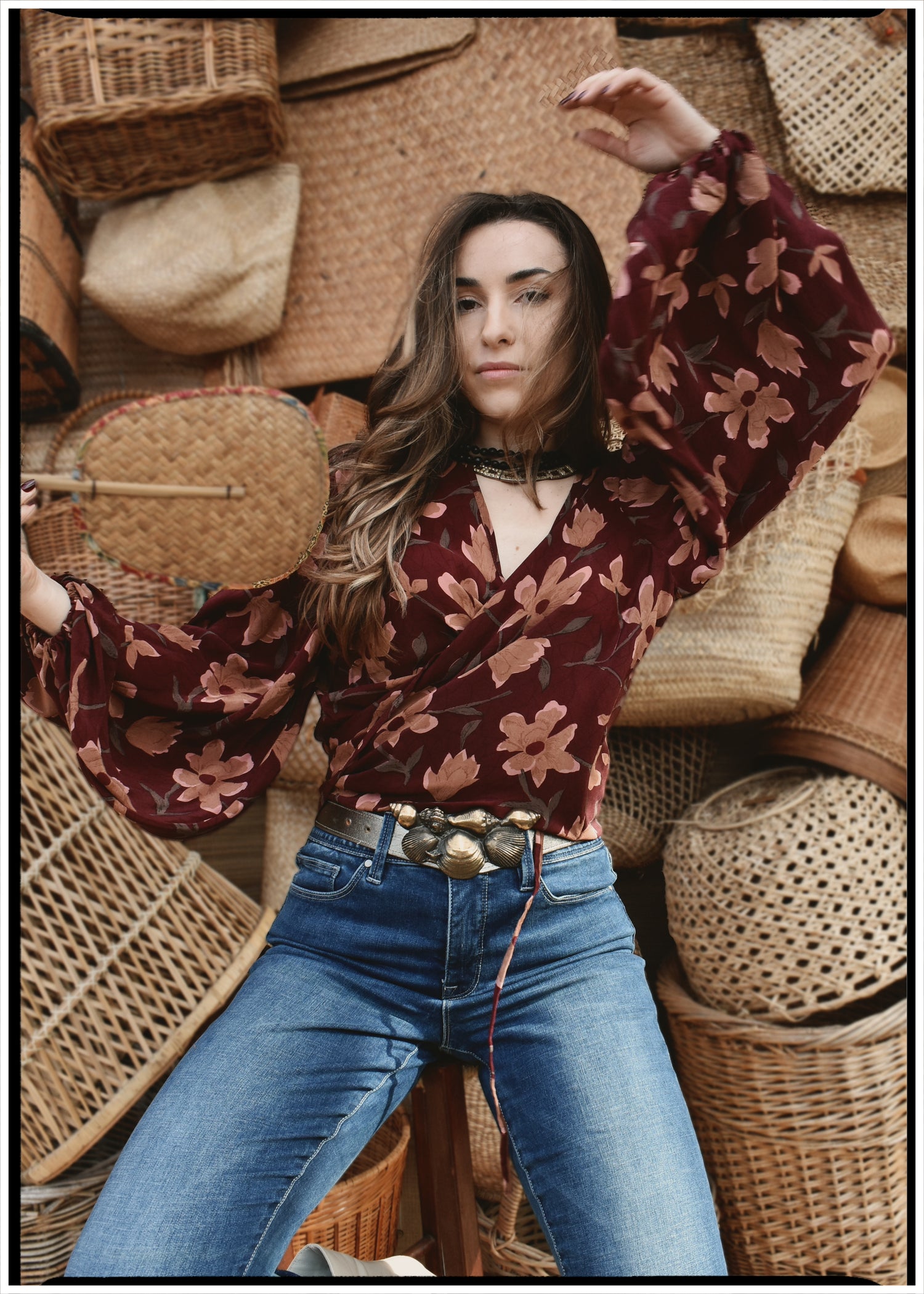 Hoya Silk Crepe Balloon Sleeve Wrap Top ~ Daphne L