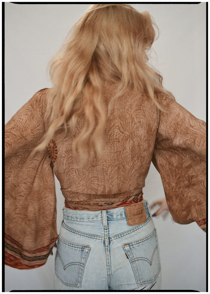 Hoya Silk Crepe Balloon Sleeve Wrap Top ~ Nougat L