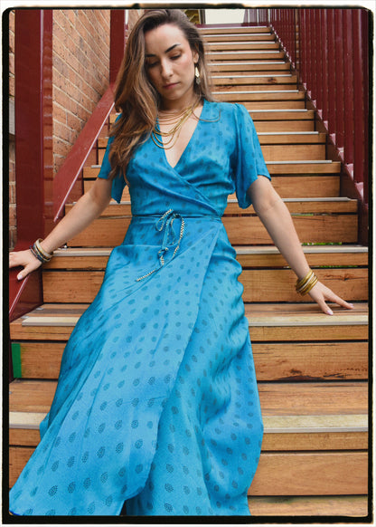 Liatris Silk Crepe Flutter Sleeve Wrap Dress ~ Algiers M